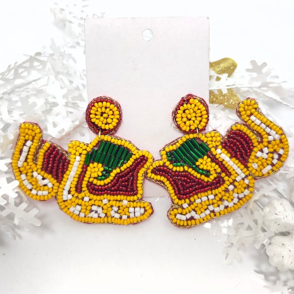 Handmade Beaded Earring, Santa Sleigh Red Gold